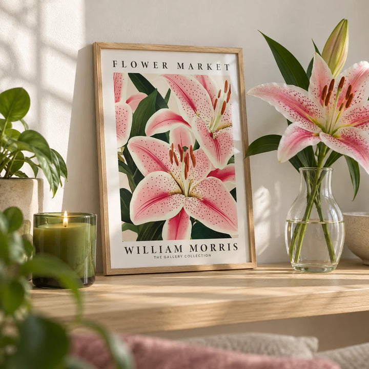 Pink Lily Art, a small A4 framed print leaning on a pale oak shelf in a living room