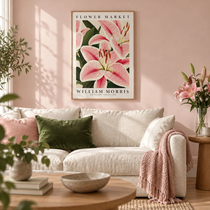 Pink Lily Art, framed on the wall of a soft living room with a pale blush pink wall and a light oak floor