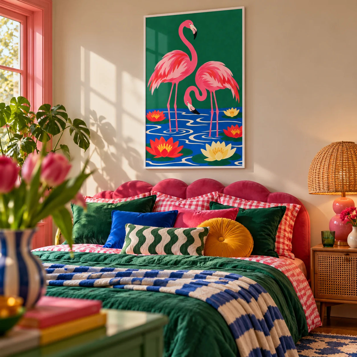 Lily Pond Flamingos Print, framed on the wall of a dopamine bedroom