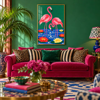 Lily Pond Flamingos Print, framed on the wall of a maximalist living room