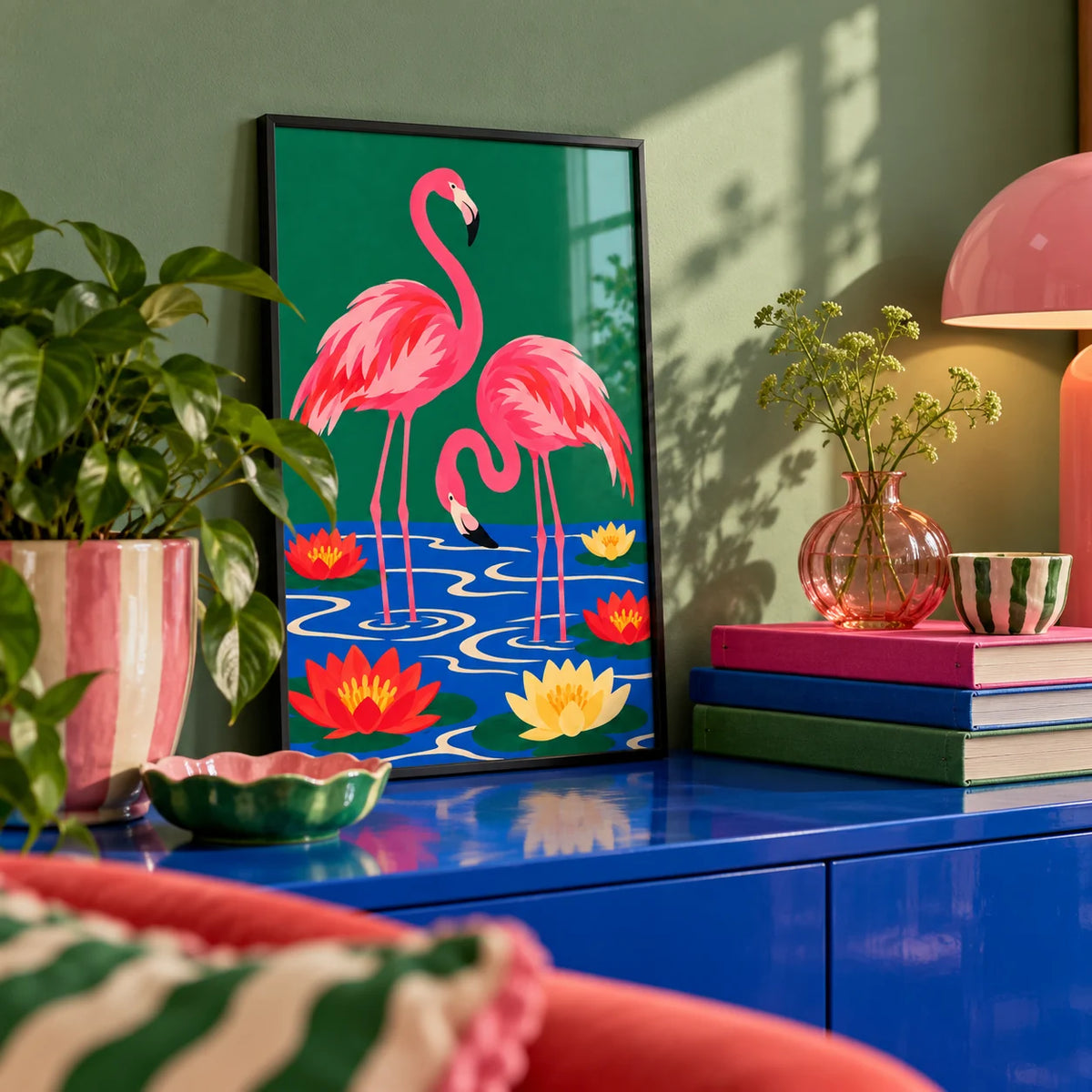 Lily Pond Flamingos Print, a small A4 framed print leaning on a colourful lacquered shelf in a living room