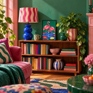 Lily Pond Flamingos Print, a small A4 framed print leaning on a low bookshelf in a living room