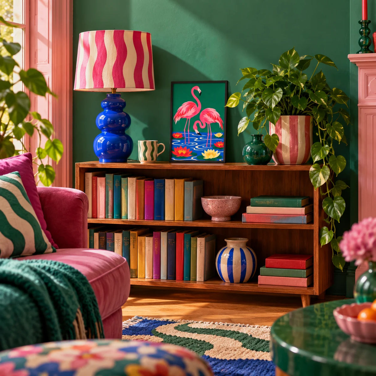 Lily Pond Flamingos Print, a small A4 framed print leaning on a low bookshelf in a living room