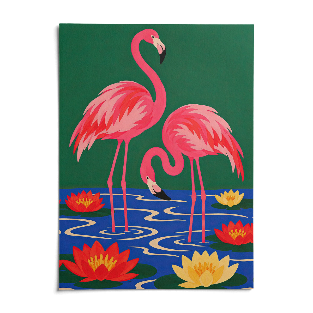 Lily Pond Flamingos Print, shown as an unframed paper print on a plain white background