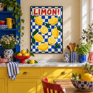 Limoni Checkerboard Print, framed on the wall of a colourful dopamine kitchen