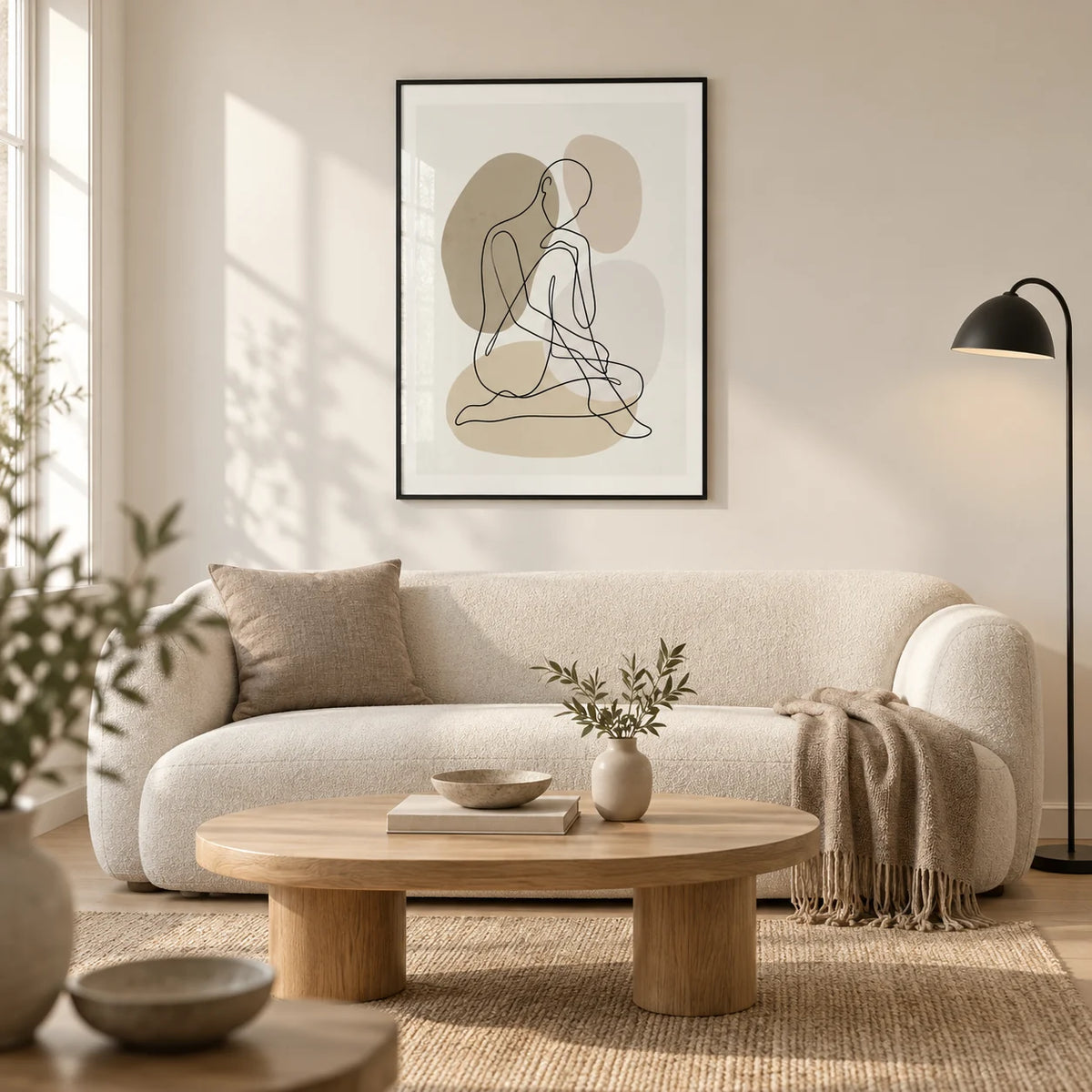 Line Art Figure Print, framed on the wall of a calm contemporary living room in a UK flat with warm white walls and pale oak floorboards