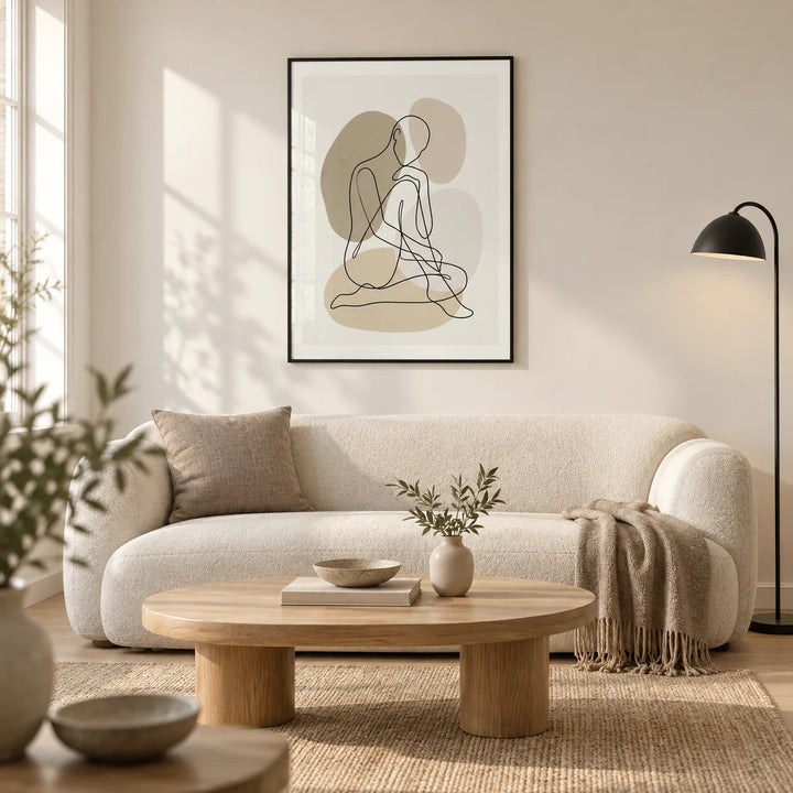 Line Art Figure Print, framed on the wall of a calm contemporary living room in a UK flat with warm white walls and pale oak floorboards
