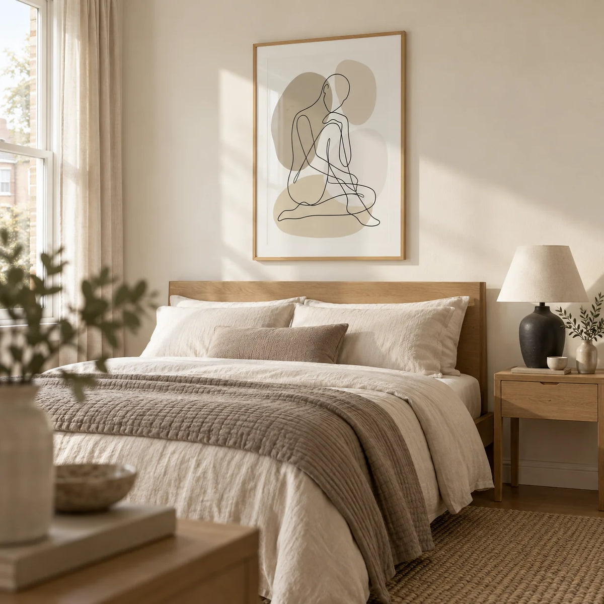 Line Art Figure Print, framed on the wall of a restful adult bedroom in a renovated terraced house with soft cream walls