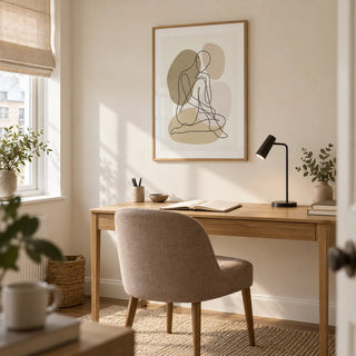 Line Art Figure Print, framed on the wall of a small calm home study in a UK first flat for an adult aged 25-35
