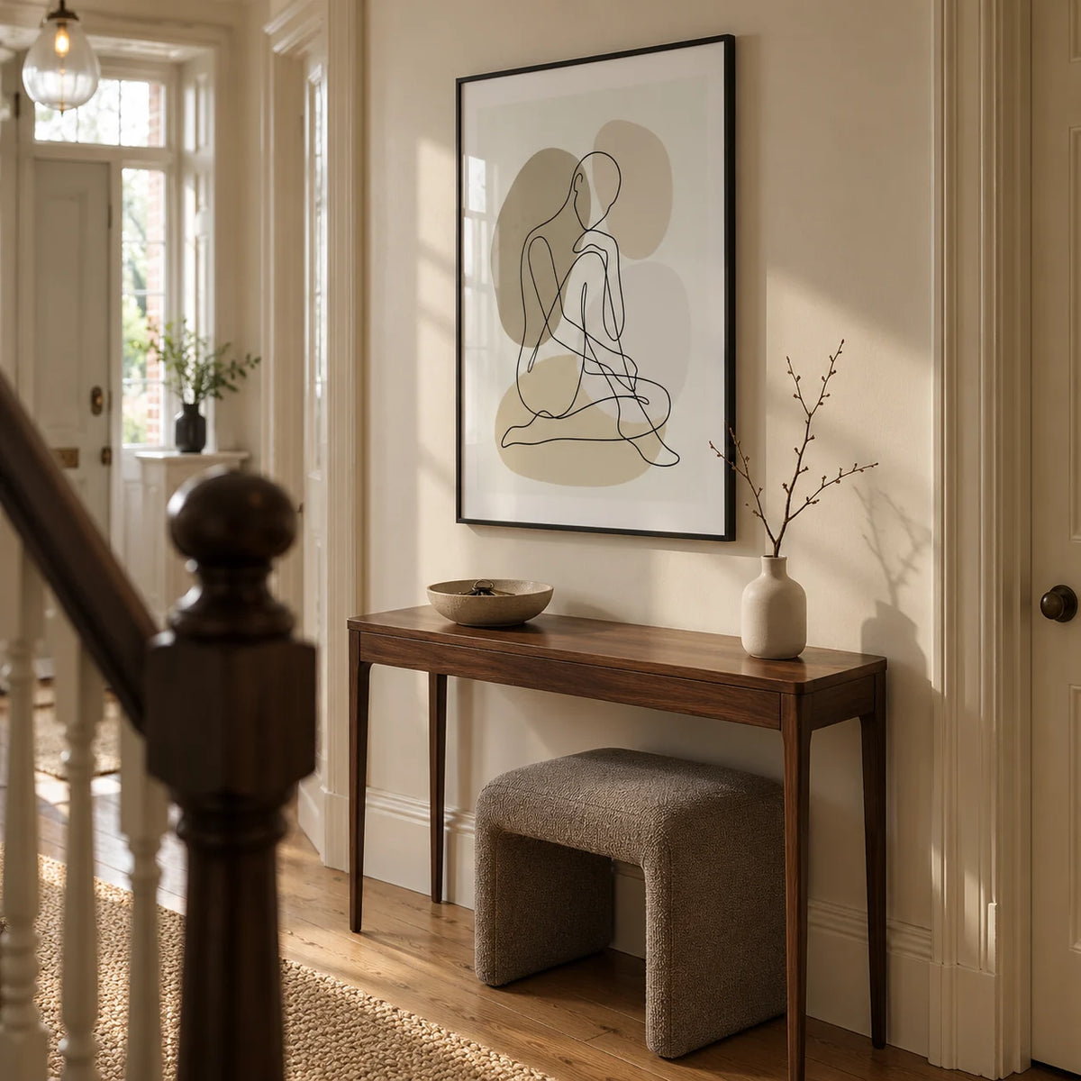 Line Art Figure Print, framed on the wall of a welcoming narrow hallway in a Victorian terrace with warm cream walls and oak floorboards