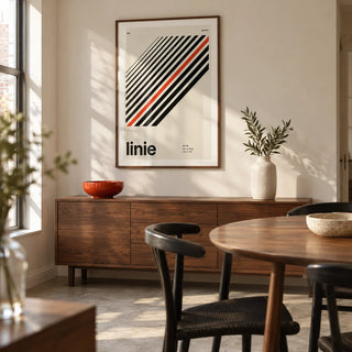 Line Print, framed on the wall of a compact modern dining room in a renovated British terrace with a warm white wall and plain concrete floor