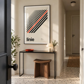 Line Print, framed on the wall of a crisp entrance hallway in a UK apartment with a cream wall and pale terrazzo floor