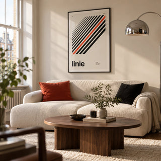 Line Print, framed on the wall of a design-led living room in a UK city flat with a cream wall