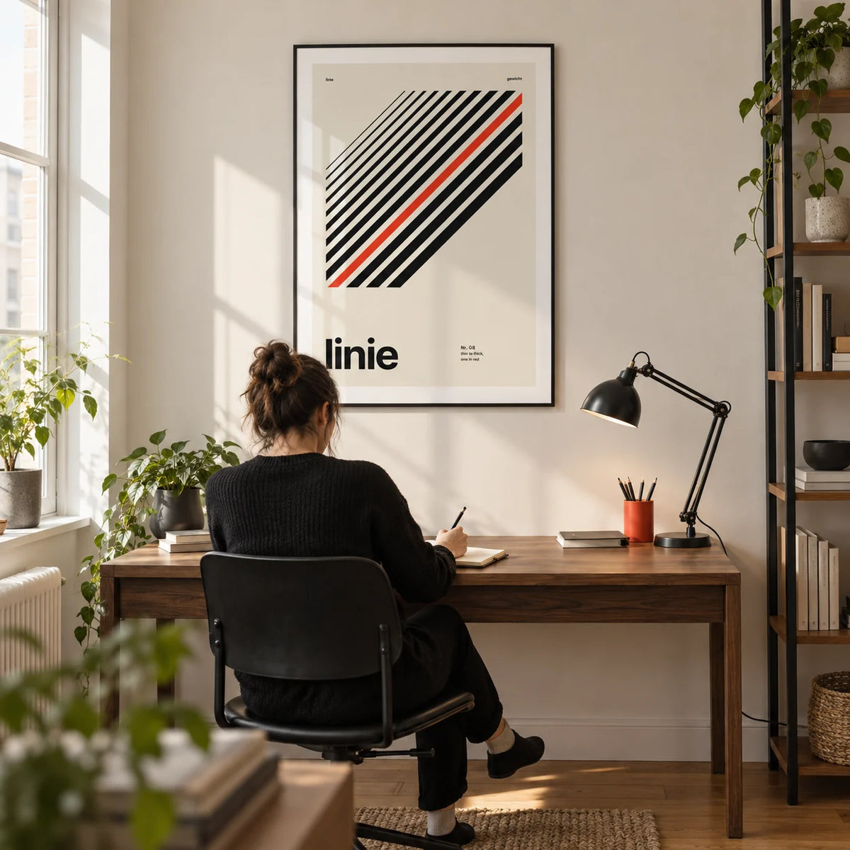 Line Print, framed on the wall of a graphic designer's home studio in a converted UK flat with a warm white wall and oak floor in a home office