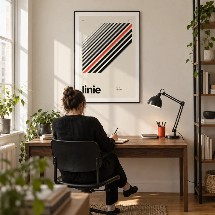 Line Print, framed on the wall of a graphic designer's home studio in a converted UK flat with a warm white wall and oak floor in a home office