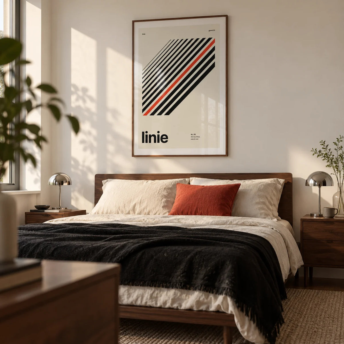 Line Print, framed on the wall of a modern bedroom in a design-conscious couple's UK flat with a warm white wall and walnut bedside furniture