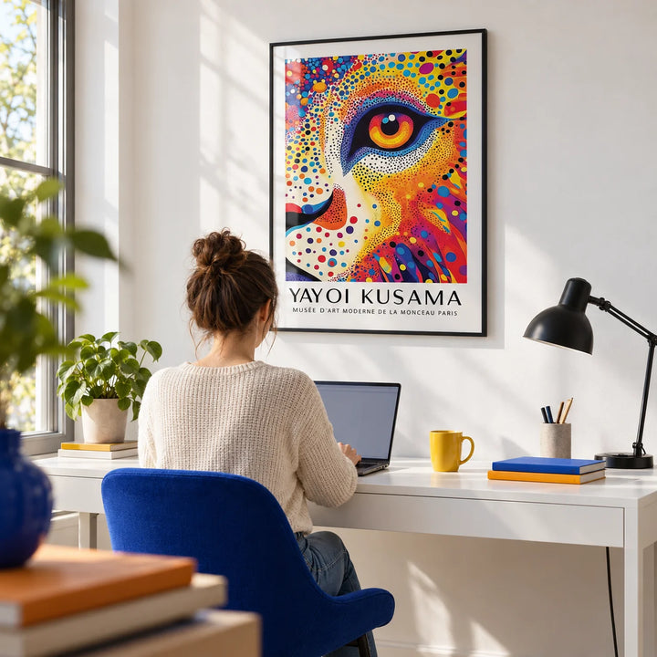 Lion Animal Poster, framed on the wall of a bright modern home office with a white wall