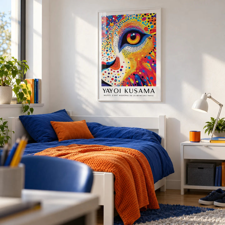 Lion Animal Poster, framed on the wall of a bright single bedroom for a teen boy (13-17) with a white wall