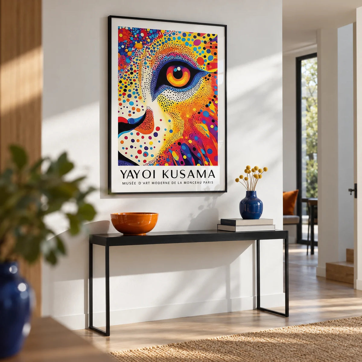 Lion Animal Poster, framed on the wall of a crisp modern hallway with a white wall