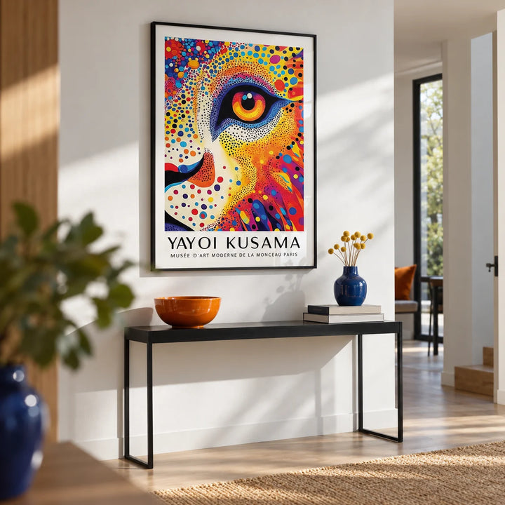 Lion Animal Poster, framed on the wall of a crisp modern hallway with a white wall