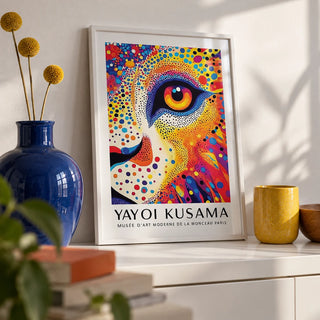 Lion Animal Poster, a small A4 framed print leaning on a white shelf in a living room