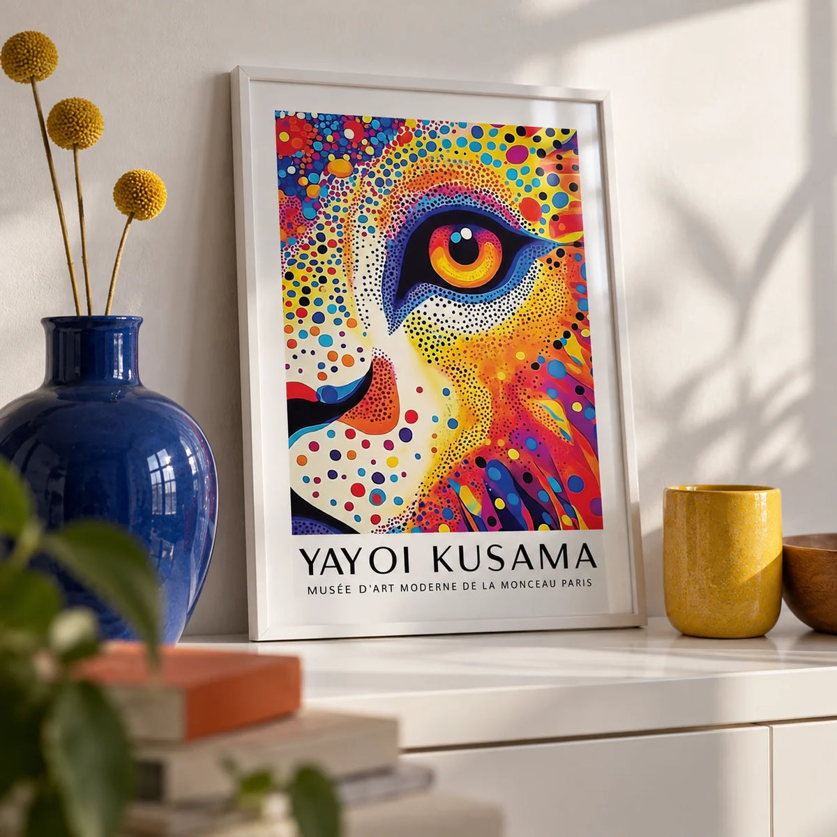 Lion Animal Poster, a small A4 framed print leaning on a white shelf in a living room