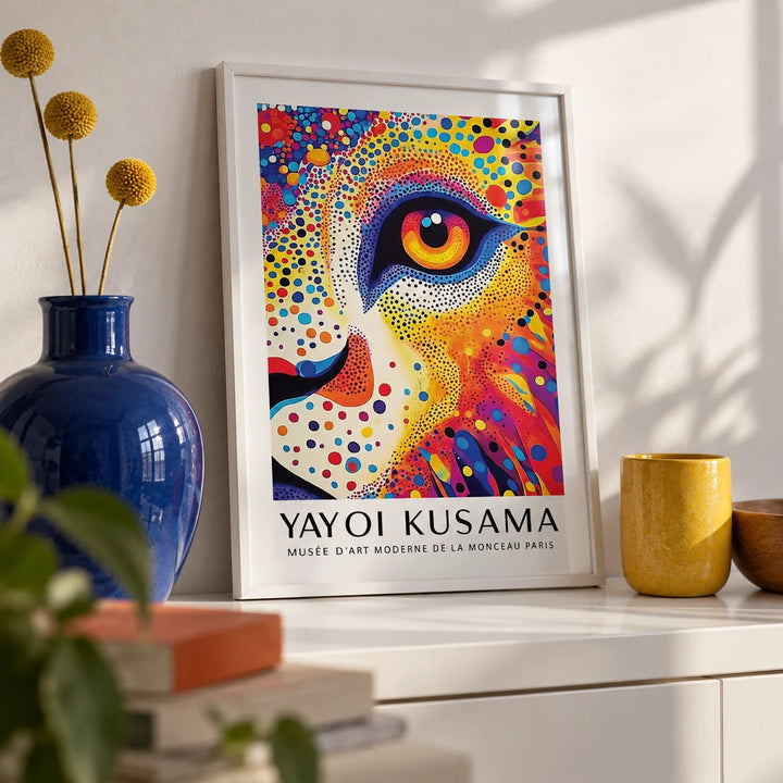 Lion Animal Poster, a small A4 framed print leaning on a white shelf in a living room
