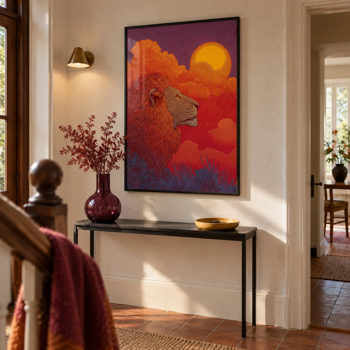Lion Sunset Art Print, framed on the wall of a characterful hallway in a renovated UK terrace with warm white plaster walls and a plain terracotta floor