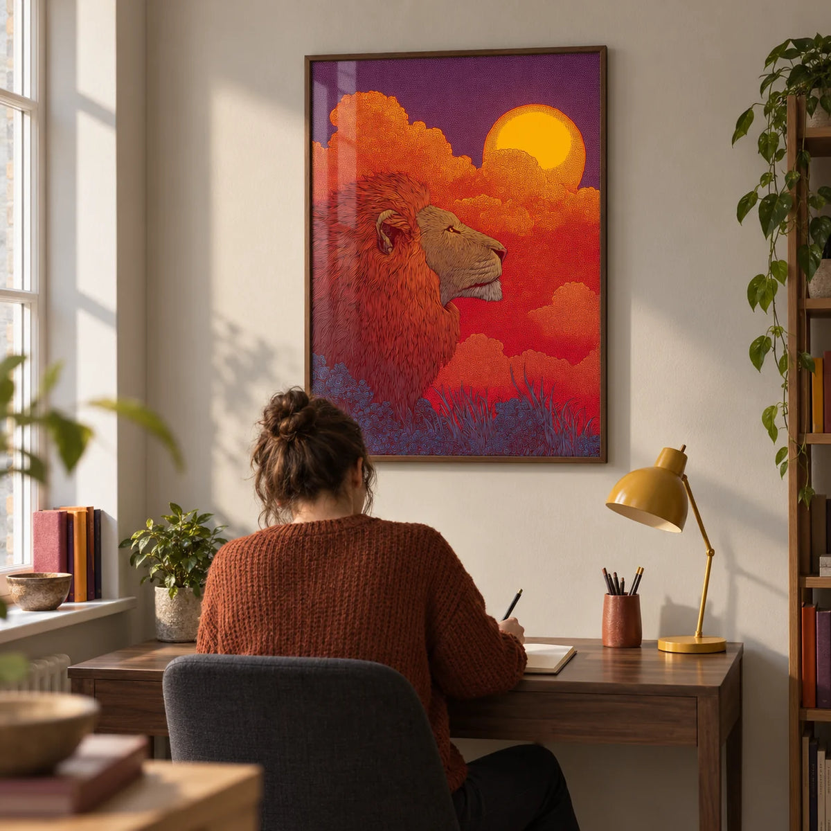 Lion Sunset Art Print, framed on the wall of a compact home study in a UK flat with a pale warm grey wall