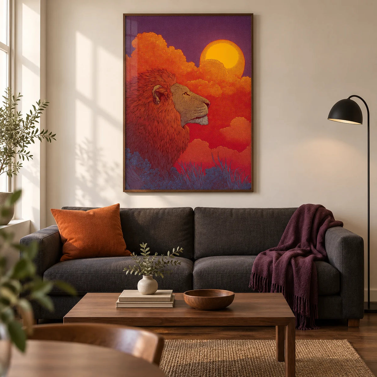Lion Sunset Art Print, framed on the wall of a contemporary living room in a UK city flat with a warm off-white wall and walnut floor