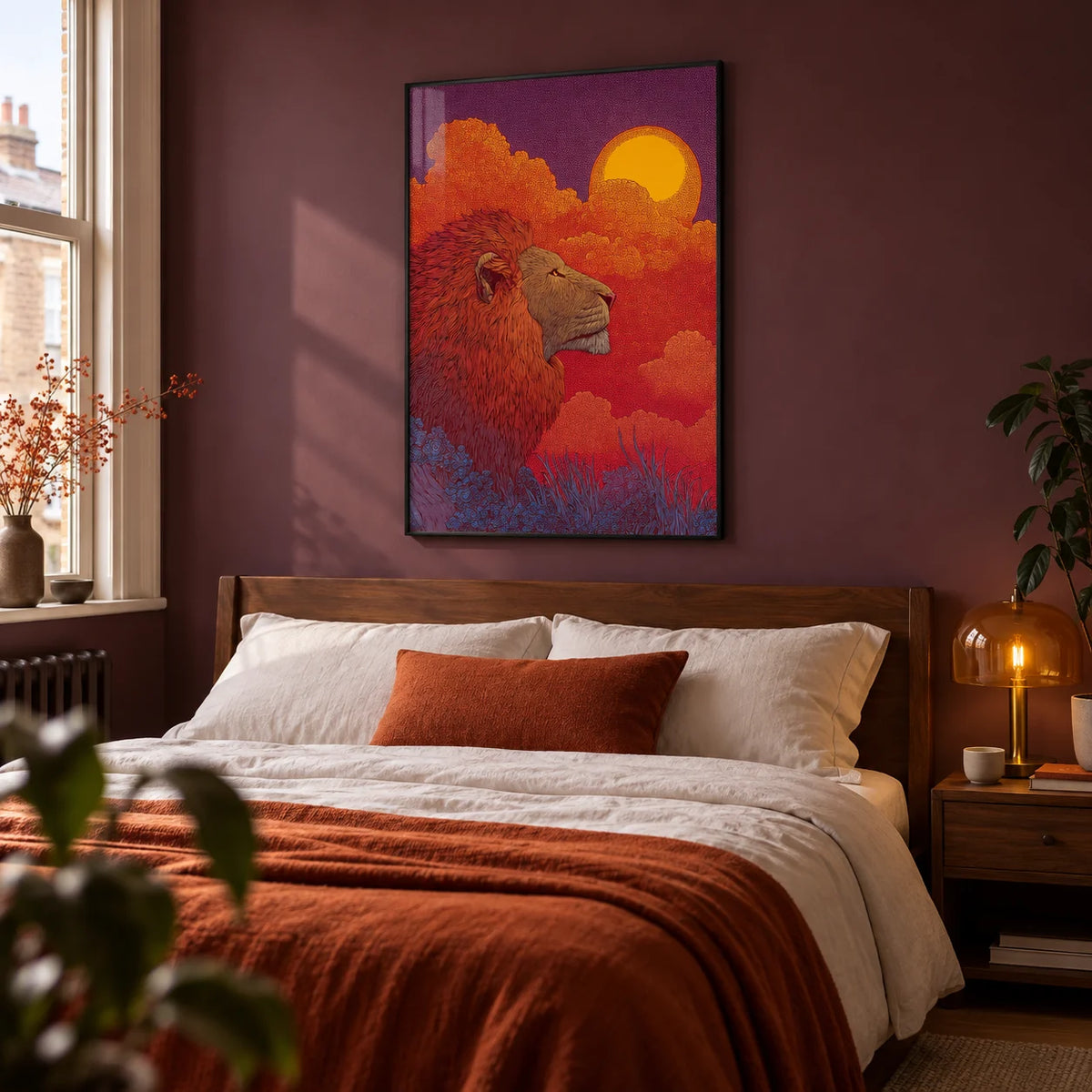 Lion Sunset Art Print, framed on the wall of a grown-up bedroom in a UK terraced house with a muted plum wall