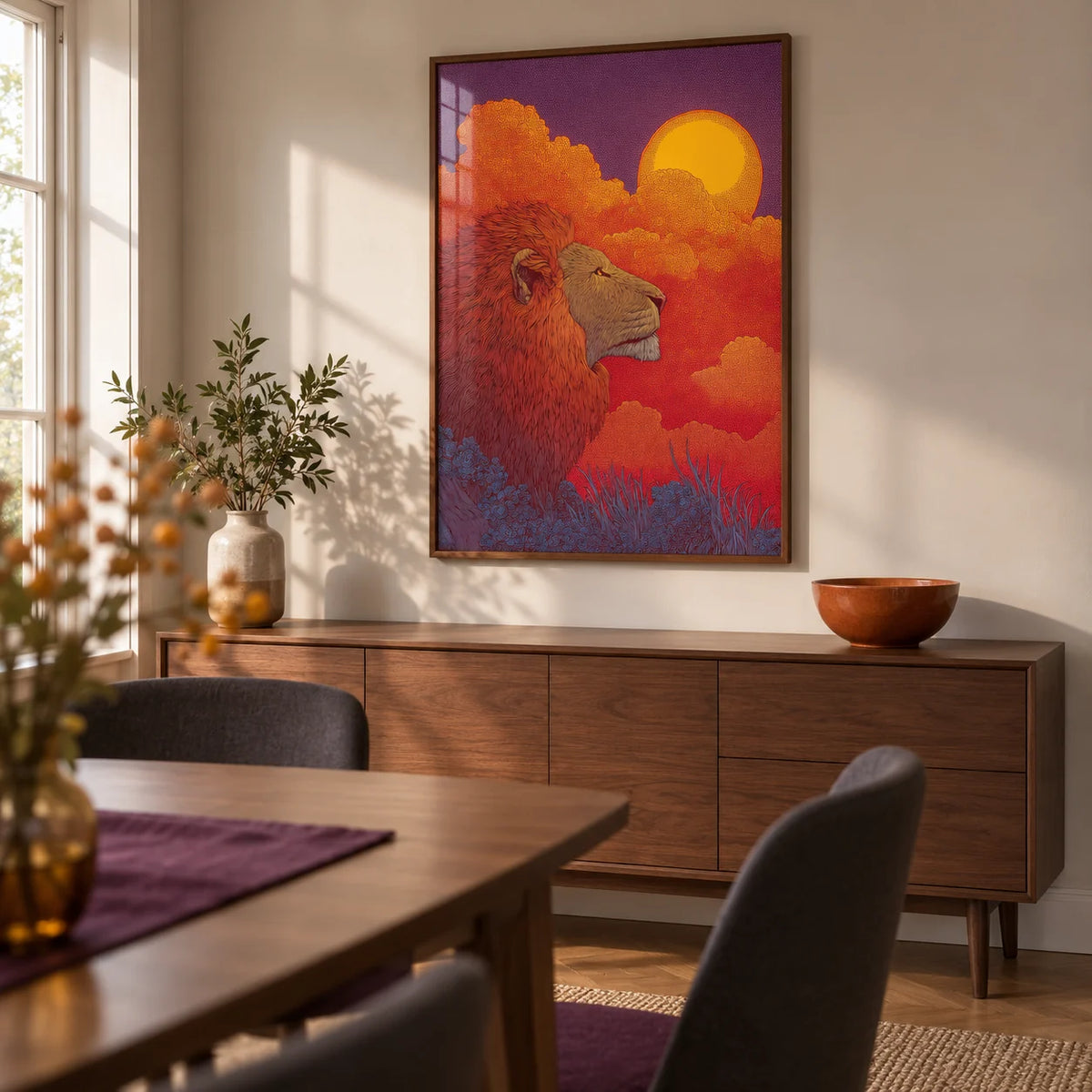 Lion Sunset Art Print, framed on the wall of a modern dining room in a UK maisonette with a pale putty wall and a walnut dining table