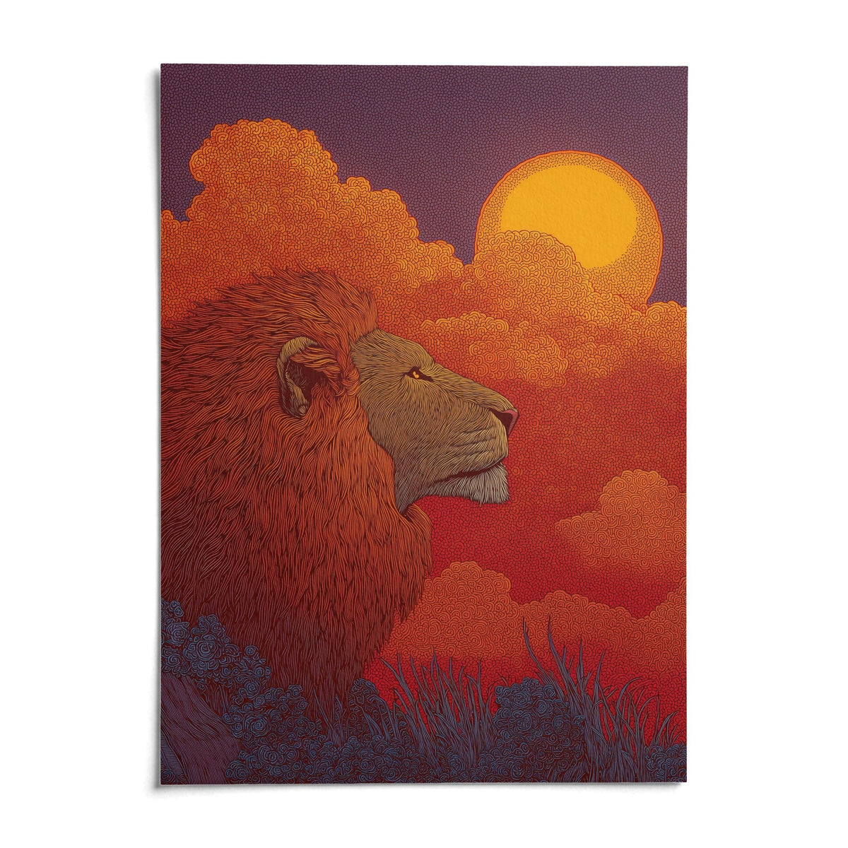 Lion Sunset Art Print, shown as an unframed paper print on a plain white background