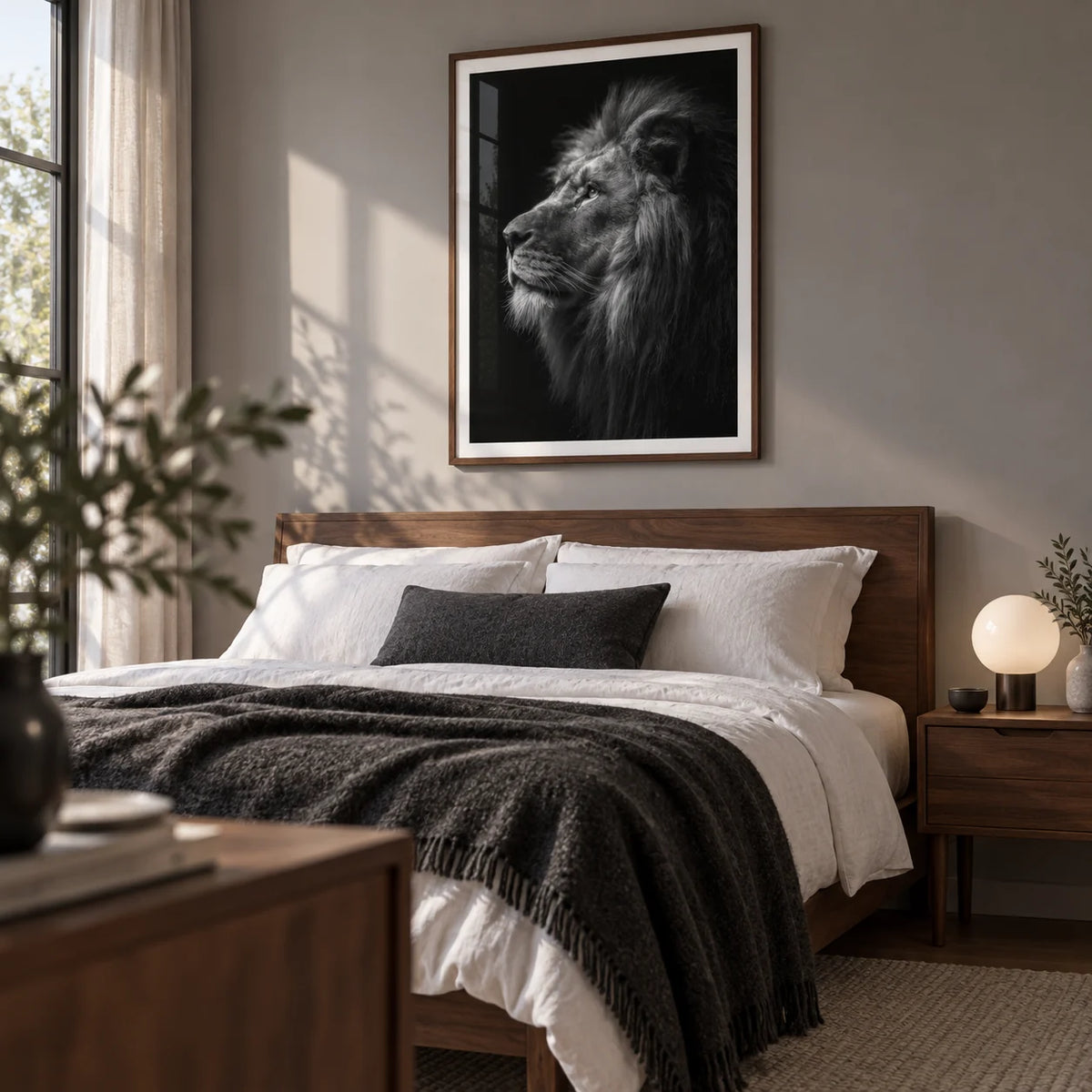 Lion Wall Art, framed on the wall of a calm modern bedroom with a soft grey wall and warm timber furniture