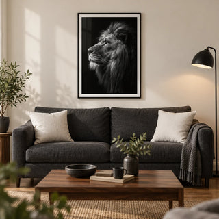Lion Wall Art, framed on the wall of a contemporary living room in a UK terraced house with a warm white wall and walnut floorboards