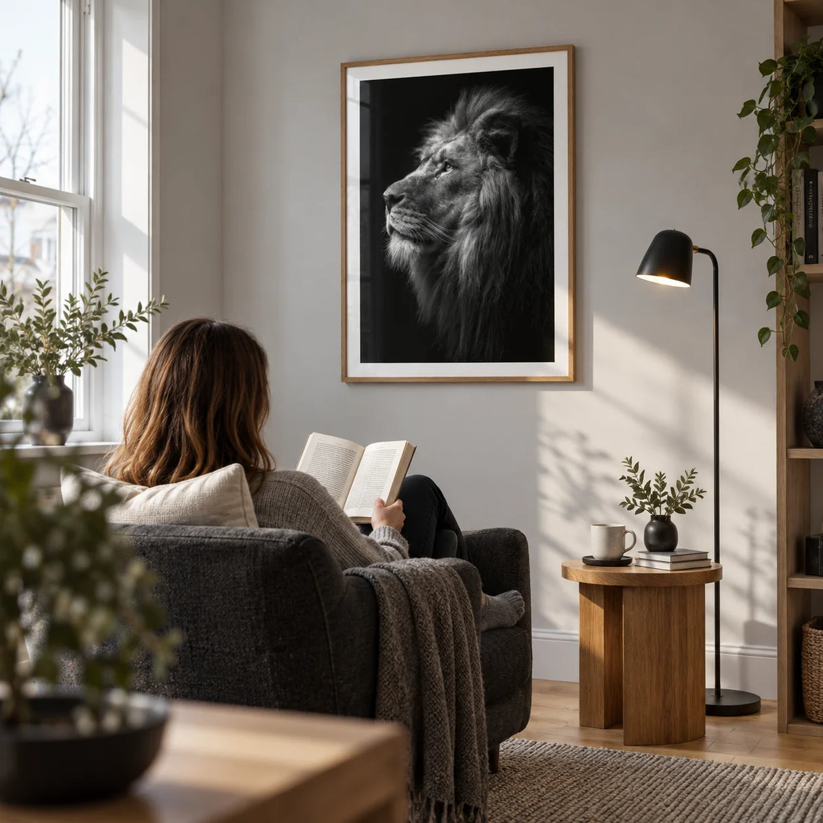 Lion Wall Art, framed on the wall of a contemporary reading corner in a UK flat with a pale grey wall and oak floorboards in a living room