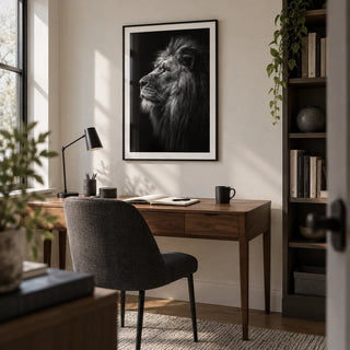 Lion Wall Art, framed on the wall of a quiet home study in a converted spare room with an off-white wall