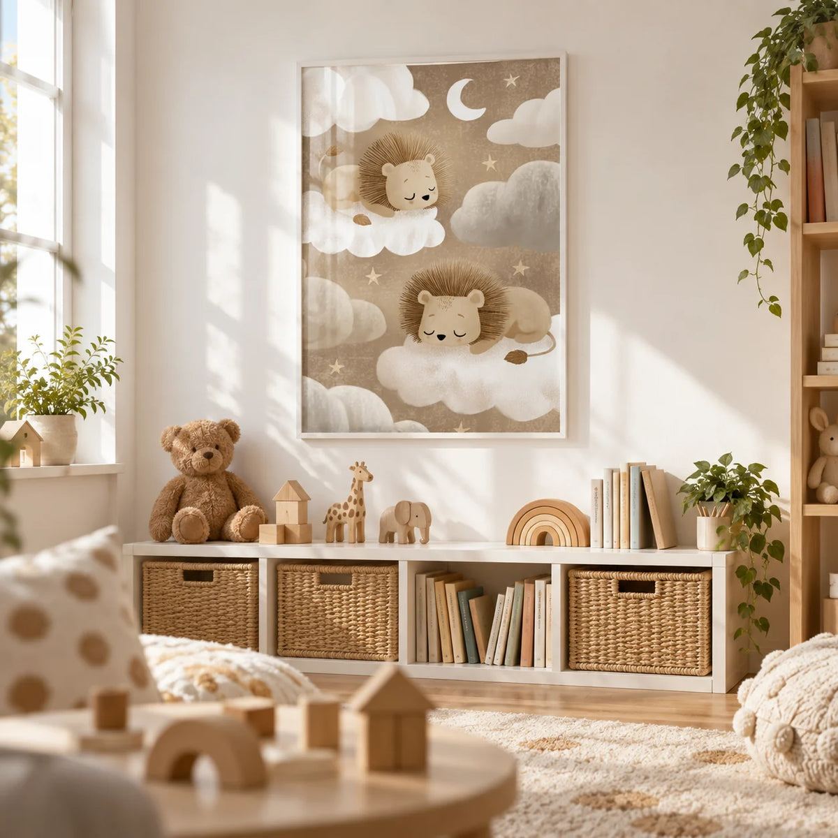 Lion Nursery Art, framed on the wall of a bright playroom with a white wall