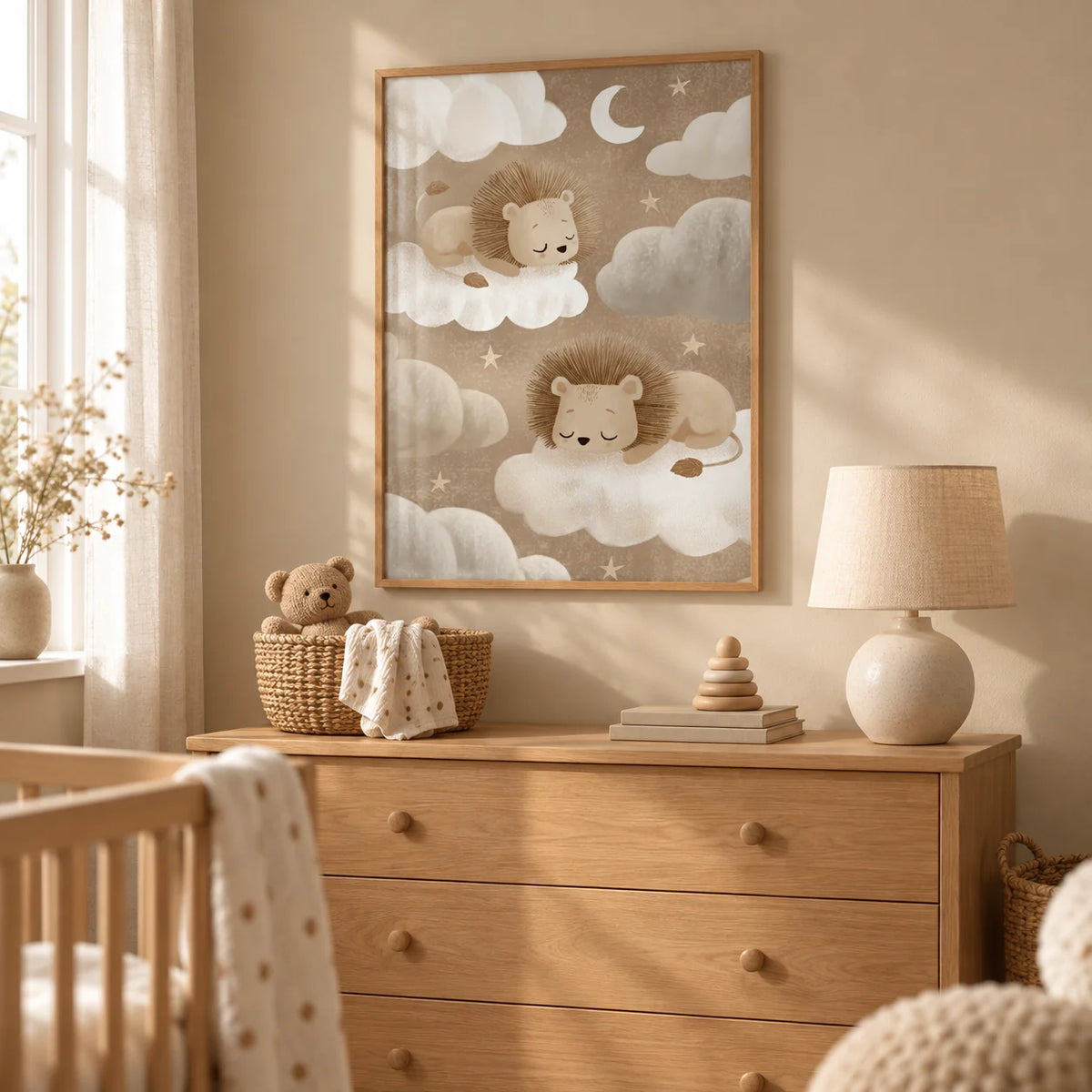 Lion Nursery Art, framed on the wall of a calm nursery with a pale tan wall