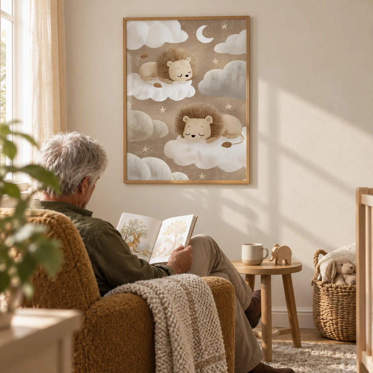 Lion Nursery Art, framed on the wall of a nursery corner with a cream wall