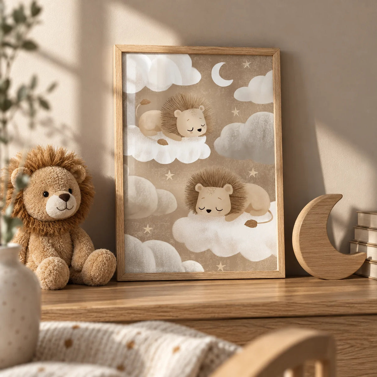 Lion Nursery Art, a small A4 framed print leaning on an oak shelf in a living room