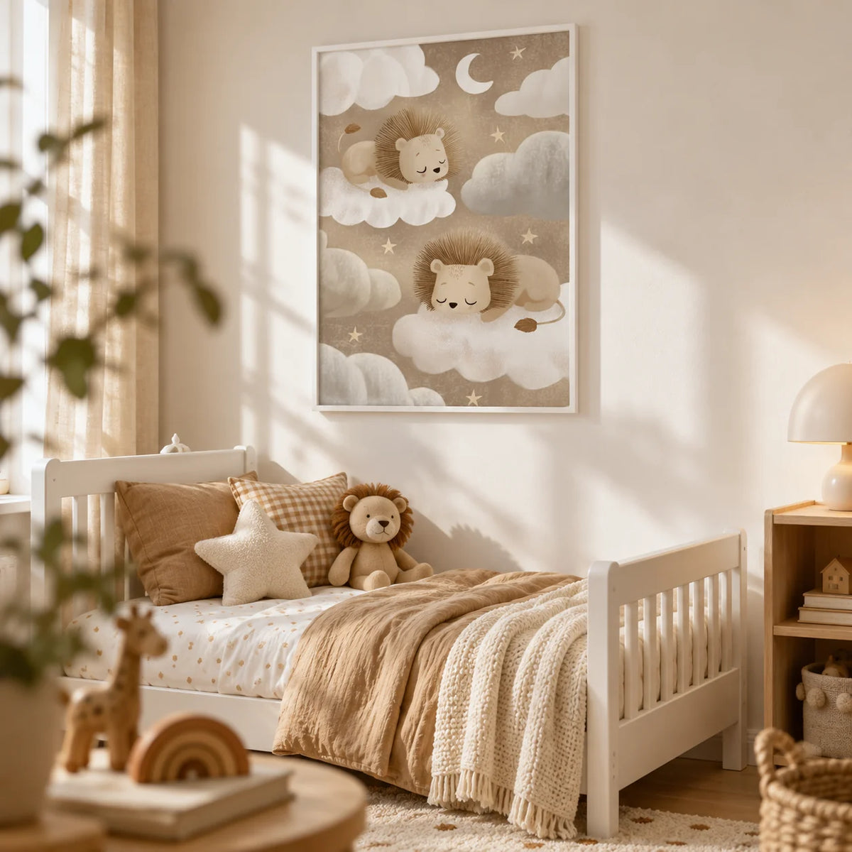 Lion Nursery Art, framed on the wall of a toddler's bedroom with a warm white wall