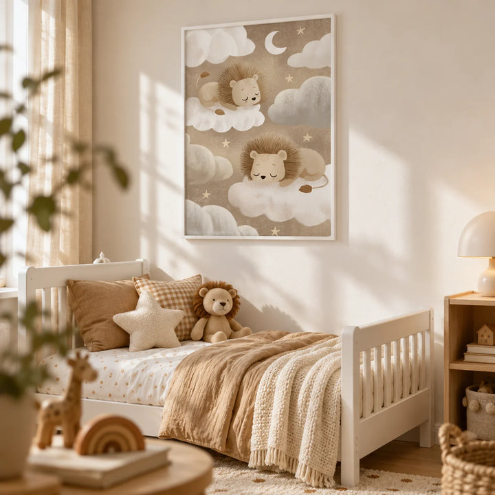 Lion Nursery Art, framed on the wall of a toddler's bedroom with a warm white wall
