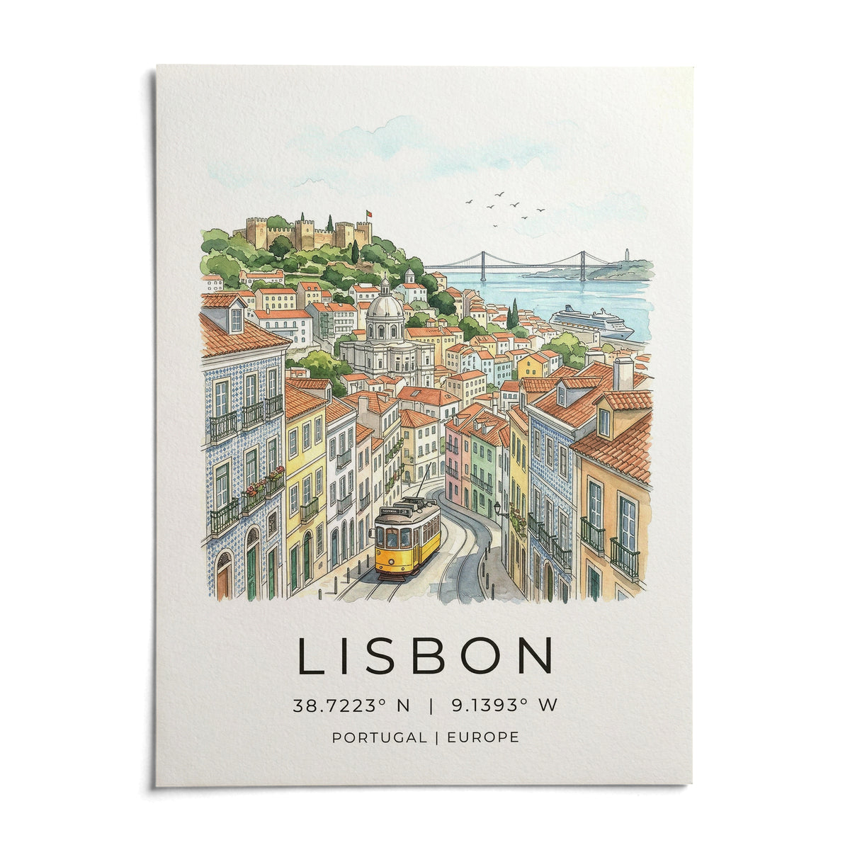 Lisbon City Art Print, shown as an unframed paper print on a plain white background