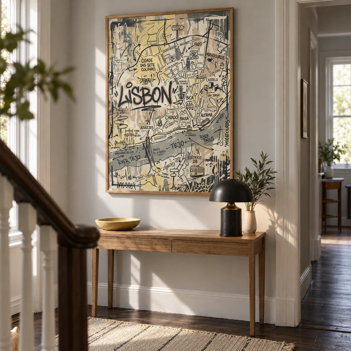 Lisbon Map Art Print, framed on the wall of a compact hallway in a renovated UK terrace with a pale grey wall and dark timber floor