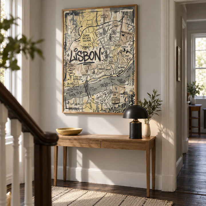 Lisbon Map Art Print, framed on the wall of a compact hallway in a renovated UK terrace with a pale grey wall and dark timber floor