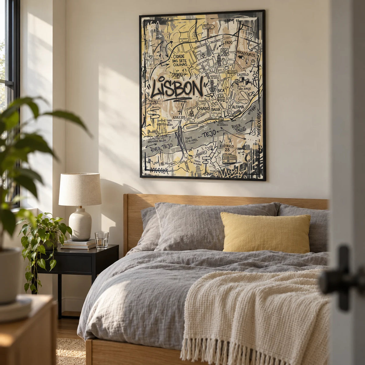 Lisbon Map Art Print, framed on the wall of a modern bedroom in a UK first flat for an adult aged 25-35 with a soft cream wall