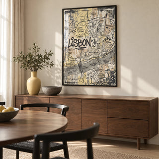 Lisbon Map Art Print, framed on the wall of a modern dining room in a UK apartment with a cream plaster wall