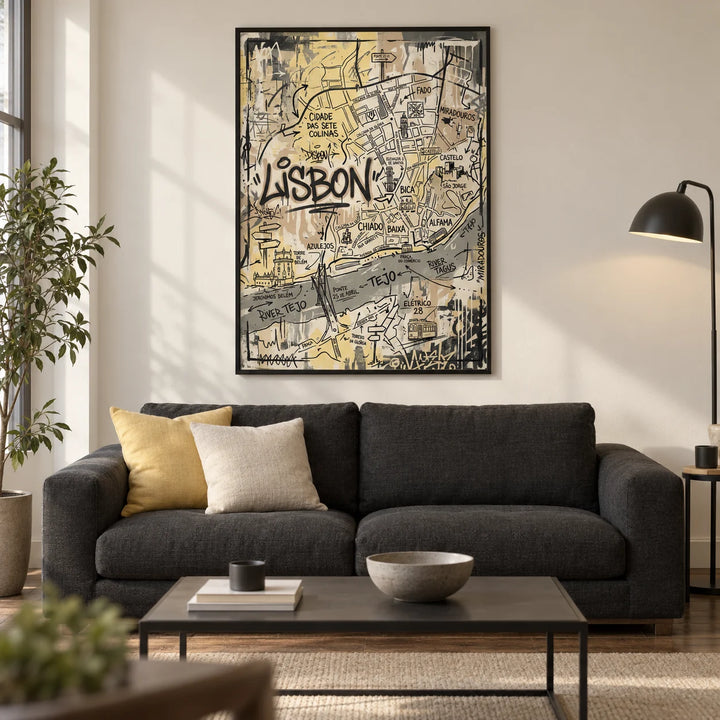 Lisbon Map Art Print, framed on the wall of a modern living room in a UK city flat with a warm white wall and smoked oak floor