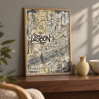 Lisbon Map Art Print, a small A4 framed print leaning on a walnut shelf in a living room